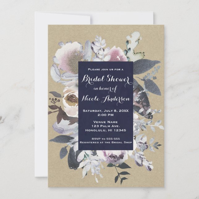 Invitación Moda Rústica Floral Glam Navy Kraft Bridal Shower (Anverso)