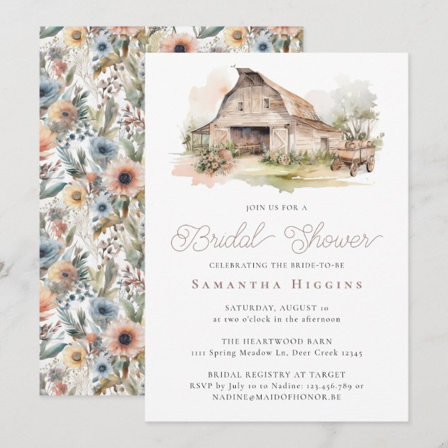 Invitación Moda Rústica Floral Granja Barn Ducha Bridal (Anverso / Reverso)