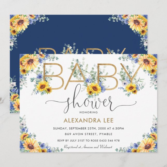 Invitación Moda Rústica Girasol Azul Floral Baby Shower En (Anverso / Reverso)