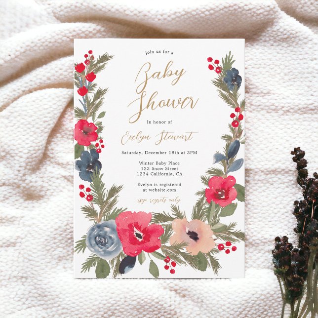 Invitación Moda Rústica Invernal Floral Watercolor ducha bebé (Rustic chic Winter Floral Watercolor baby shower Invitation)