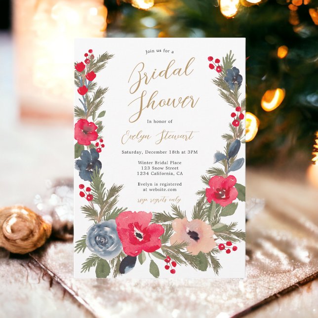 Invitación Moda rústica invierno Floral acuarela ducha de nov (Rustic chic Winter Floral Watercolor bridal shower Invitation)