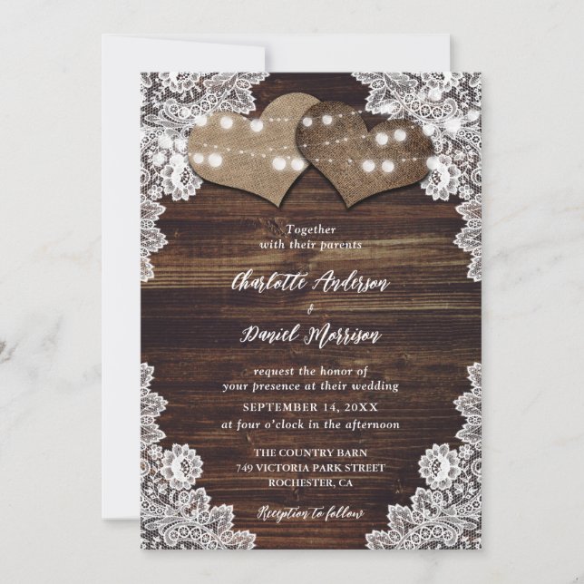 Invitación Moda Rústica Madera Burlap Lace String Luces Boda (Anverso)