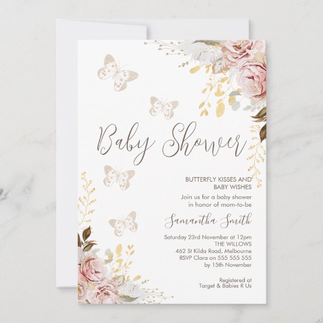 Invitación Moda rústica mariposa floral besa Baby Shower (Anverso)