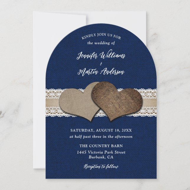 Invitación Moda Rústica Navy Blue Burlap Boda de encaje (Anverso)