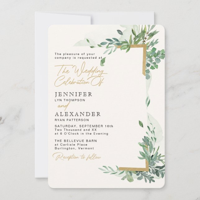 Invitación Moda Rústica Oro y Verdor Eucalyptus Boda (Anverso)