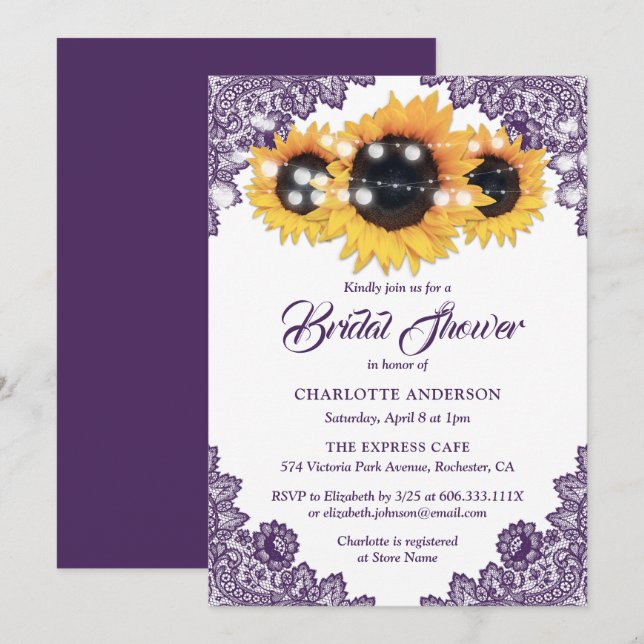 Invitación Moda Rustica Púrpura Lace Sunflower Bridal (Anverso / Reverso)