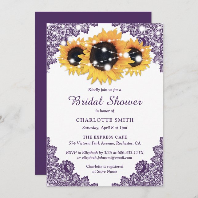 Invitación Moda Rustica Púrpura Lace Sunflower Bridal (Anverso / Reverso)
