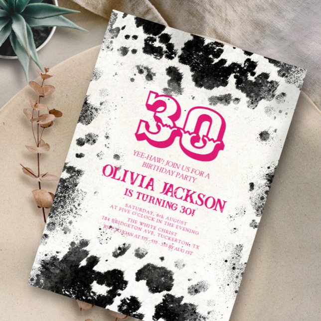 Invitación Moda Rústica Vaca Imprimir rosa caliente 30 Fiesta (Subido por el creador)