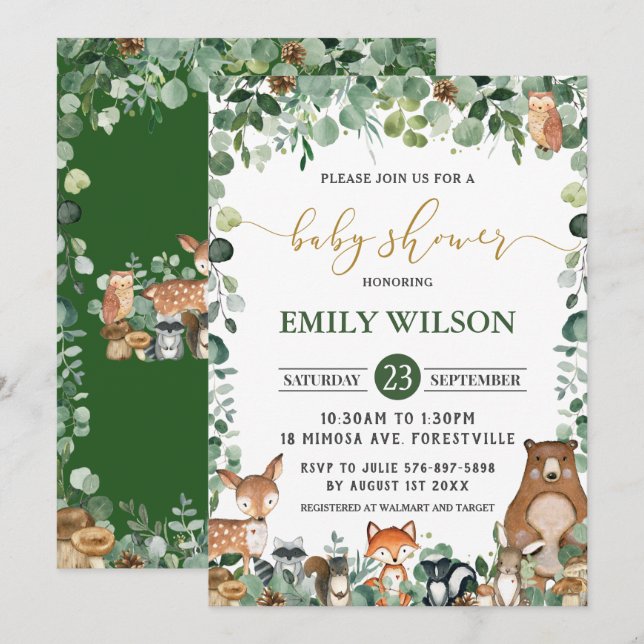 Invitación Moda Rústica Verdor Animales Woodland Baby Shower (Anverso / Reverso)