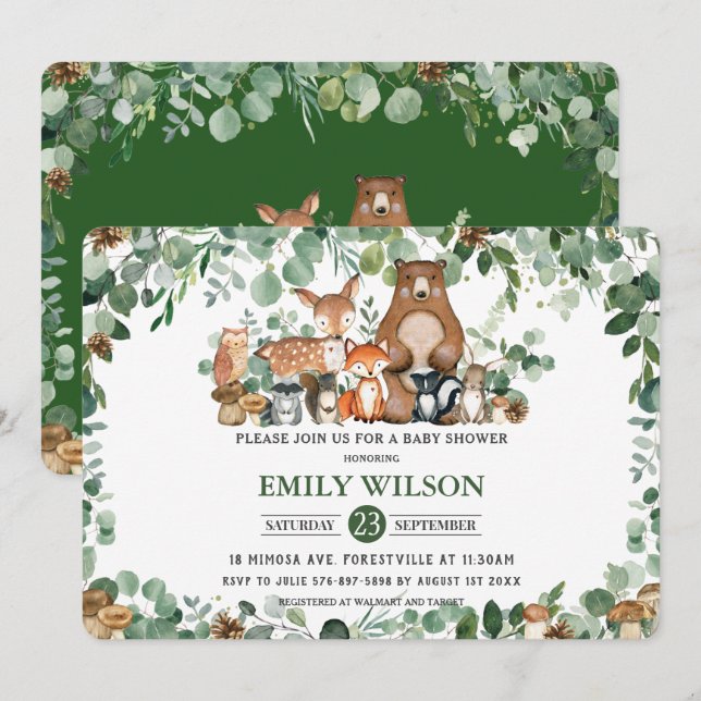 Invitación Moda Rústica Verdor Animales Woodland Baby Shower (Anverso / Reverso)