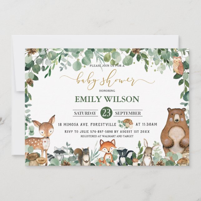 Invitación Moda Rústica Verdor Animales Woodland Baby Shower (Anverso)