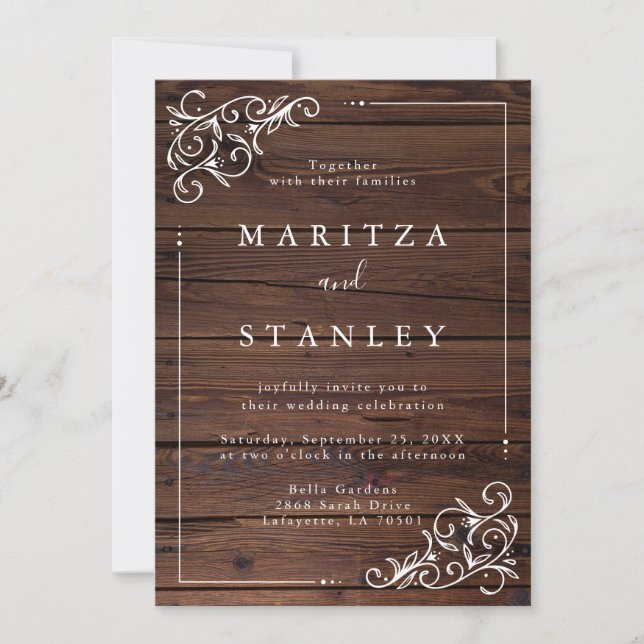 Invitación Moda Rústico Barn Woodsy Boda de escritura blanca (Anverso)