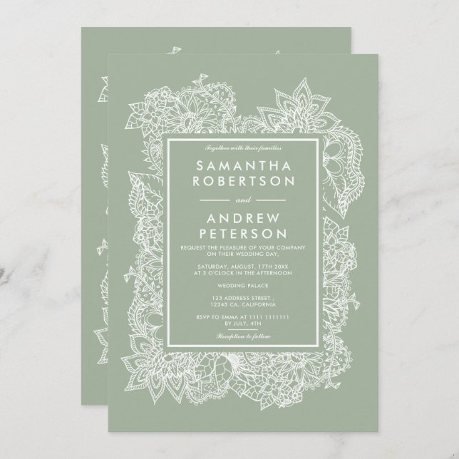 Invitación Moda sabio verde blanco boda moderno (Anverso / Reverso)