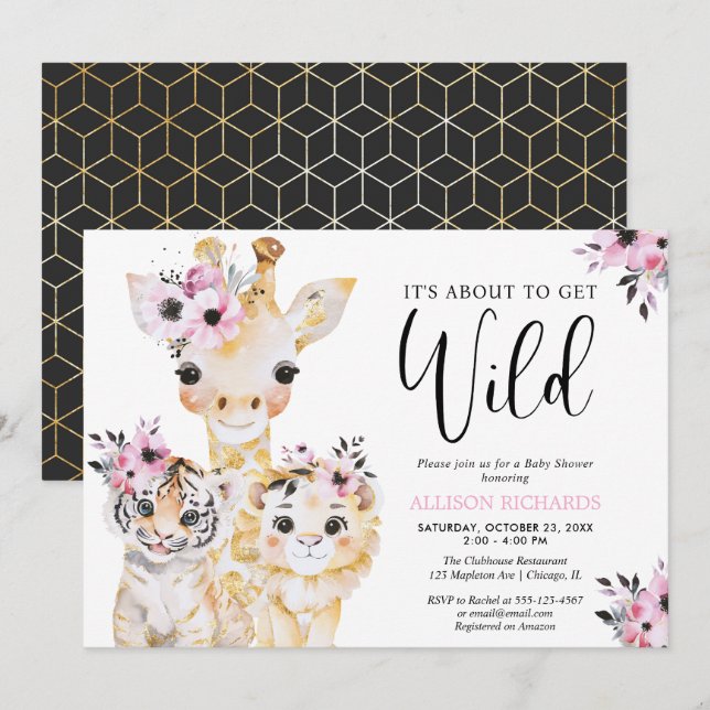 Invitación Moda safari chica de oro negro rosa bebé ducha (Anverso / Reverso)