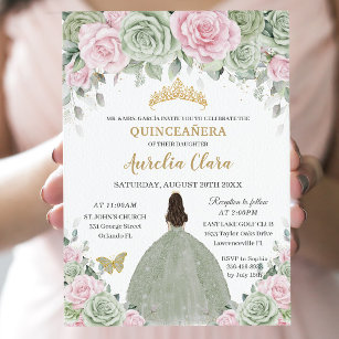 Invitación Moda Sage Green Baby Pink Floral Gold Quinceañera