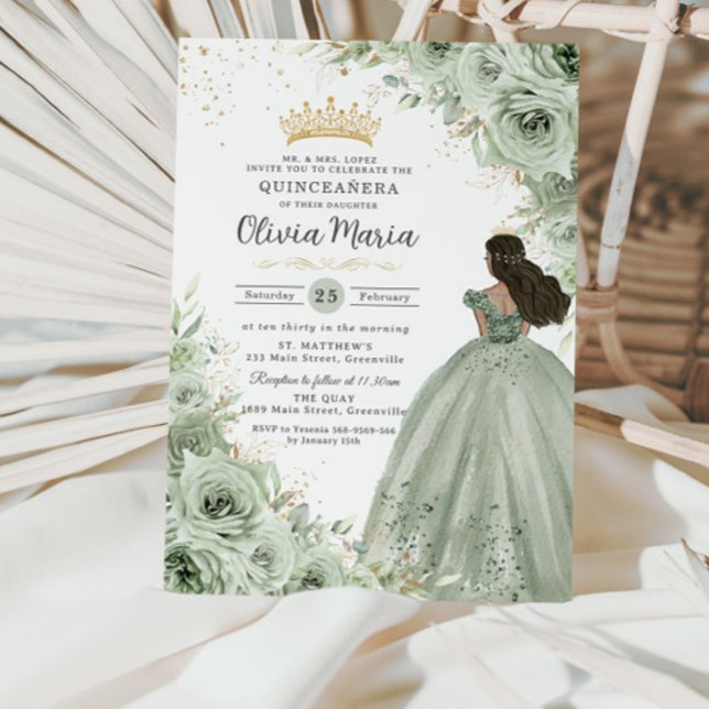 Invitación Moda Sage Green Floral Brown Princesa Quinceañera (Subido por el creador)
