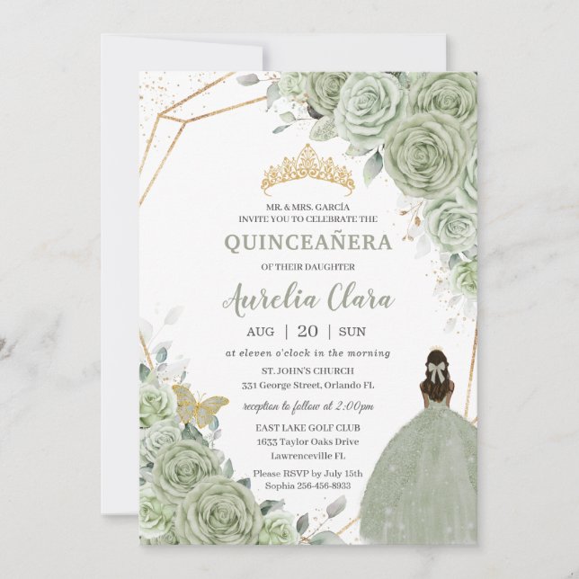 Invitación Moda Sage Green Floral Brown Princesa Quinceañera (Anverso)