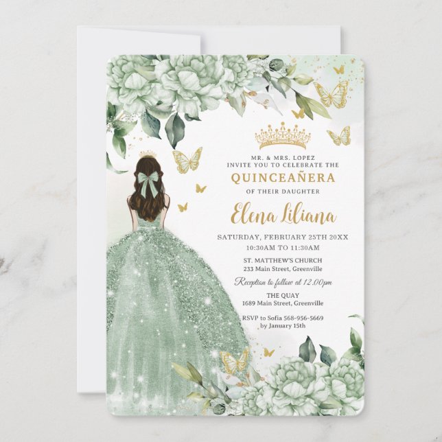Invitación Moda Sage Green Floral Butterflies Quinceañera (Anverso)