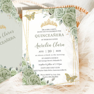 Invitación Moda Sage Green Floral Butterflies Quinceañera