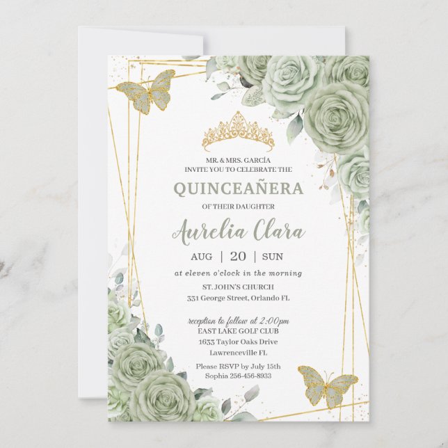 Invitación Moda Sage Green Floral Butterflies Quinceañera (Anverso)