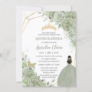 Invitación Moda Sage Green Floral Princesa Oro Quinceañera