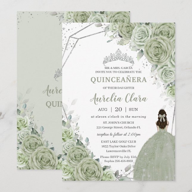 Invitación Moda Sage Green Floral Princesa Plata Quinceañera (Anverso / Reverso)