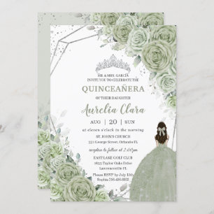 Invitación Moda Sage Green Floral Princesa Plata Quinceañera