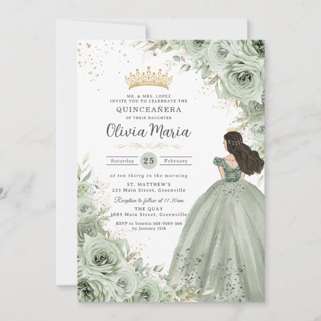 Invitación Moda Sage Green Floral Rosas Princesa Quinceañera (Anverso)