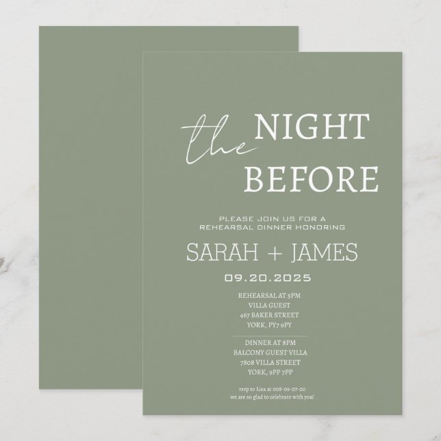 Invitación Moda Sage Green la noche antes del ensayo de la ce (Anverso / Reverso)