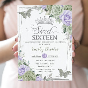 Invitación Moda Sage Green Purple Floral Butterflies Dulce 16