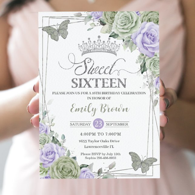 Invitación Moda Sage Green Purple Floral Butterflies Dulce 16 (Subido por el creador)