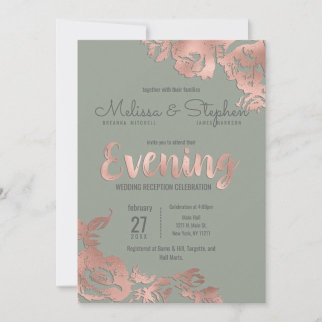 Invitación Moda Sage Green Rosa Gold Floral Noche (Anverso)