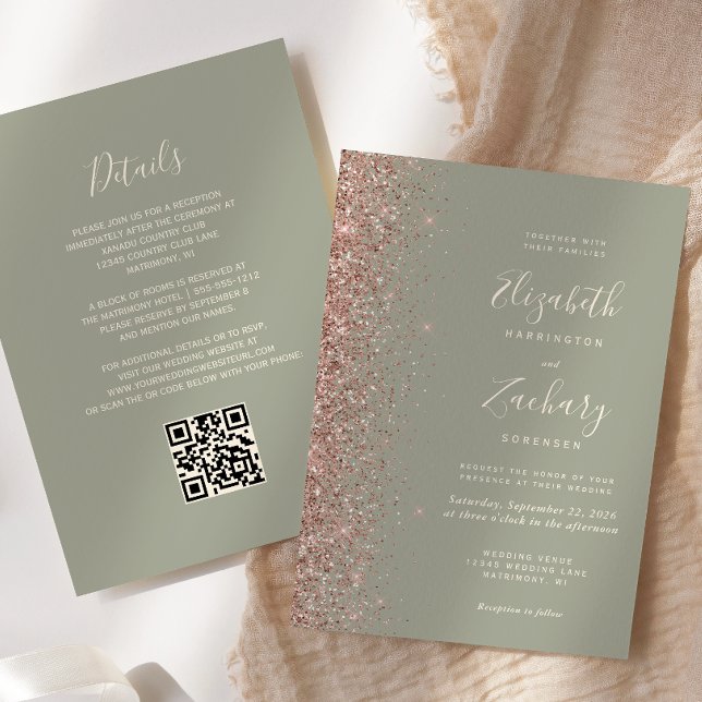 Invitación Moda Sage Green Rosa Gold Purpurina QR Boda de cód (Subido por el creador)