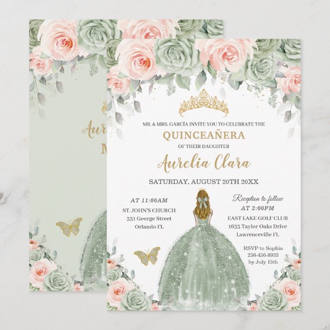 Invitación Moda Sage Green Rubor Floral Blonde Quinceañera (Anverso / Reverso)