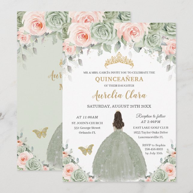 Invitación Moda Sage Green Rubor Floral Gold Quinceañera XV (Anverso / Reverso)