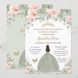 Invitación Moda Sage Green Rubor Floral Gold Quinceañera XV