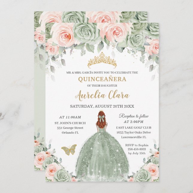 Invitación Moda Sage Green Rubor Floral Pelo Rojo Quinceañera (Anverso / Reverso)