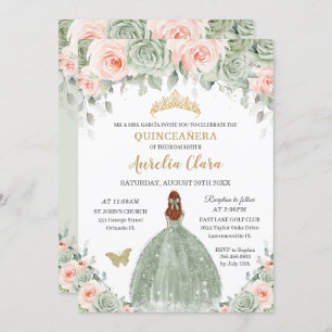 Invitación Moda Sage Green Rubor Floral Pelo Rojo Quinceañera