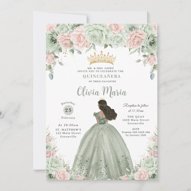 Invitación Moda Sage Green Rubor Floral Princesa Quinceañera (Anverso)
