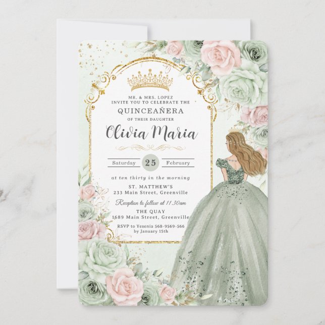 Invitación Moda Sage Green Rubor Floral Princesa Quinceañera (Anverso)