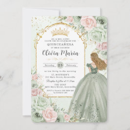 Invitación Moda Sage Green Rubor Floral Princesa Quinceañera