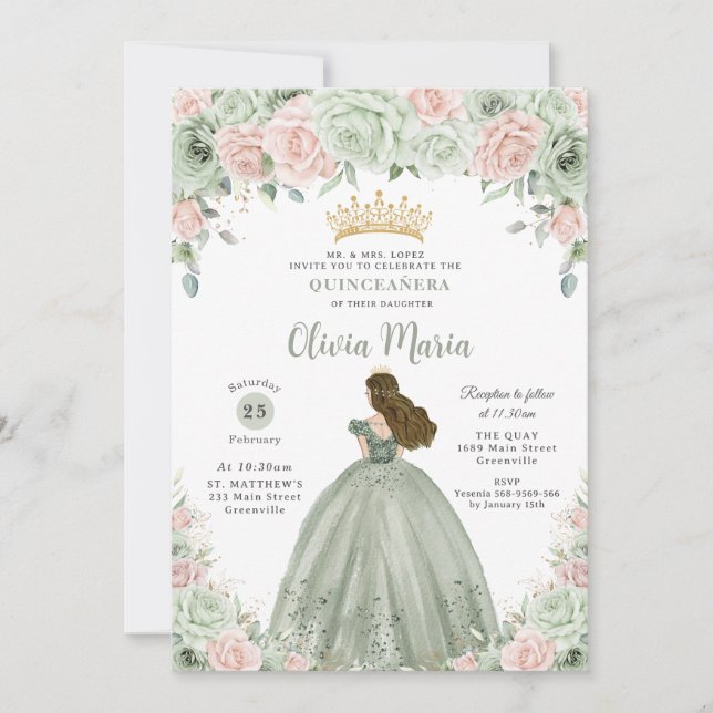 Invitación Moda Sage Green Rubor Floral Princesa Quinceañera (Anverso)