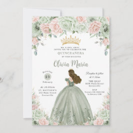 Invitación Moda Sage Green Rubor Floral Princesa Quinceañera