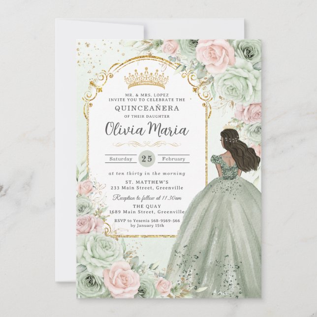 Invitación Moda Sage Green Rubor Floral Princesa Quinceañera (Anverso)