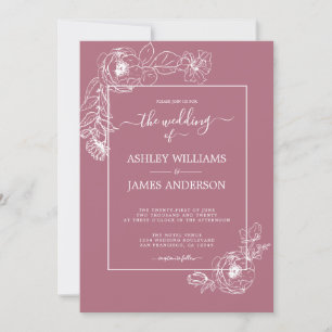 Invitación Moda Script Boda de cassis de contorno floral blan