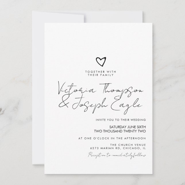 Invitación Moda Script Corazón inclinado Boda blanco negro (Anverso)