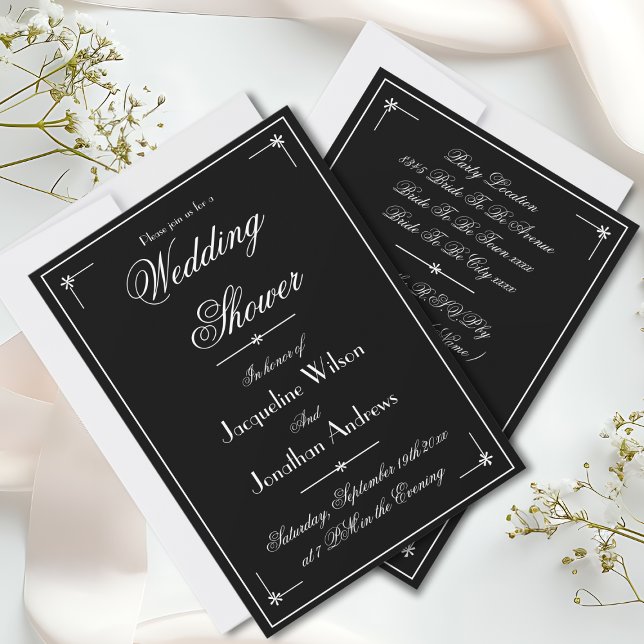 Invitación Moda Script Elegante ducha de matrimonio blanco y  (Elegant Script, Chic Black & White Invitation for a Wedding Shower.)