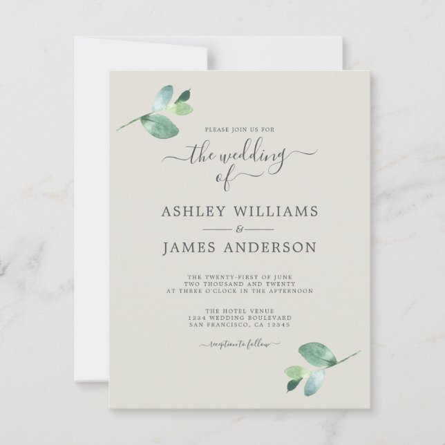 Invitación Moda Script Eucalyptus Foliage Boda mínimo (Anverso)