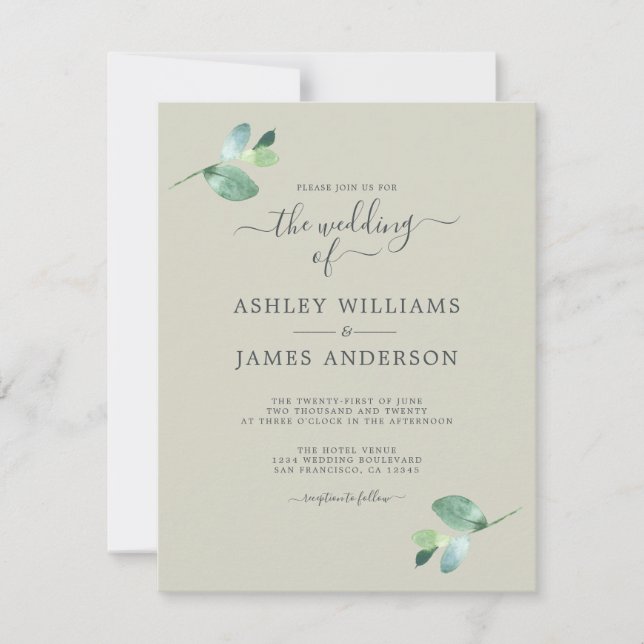 Invitación Moda Script Eucalyptus Foliage Boda mínimo (Anverso)