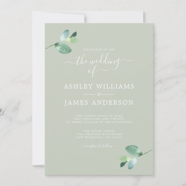 Invitación Moda Script Eucalyptus Foliage Boda mínimo (Anverso)